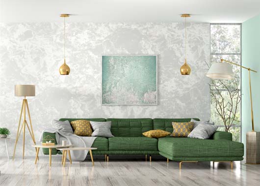 Modern interior of living room with green corner sofa, coffee tables, floor lamp, wall with copy space 3d rendering